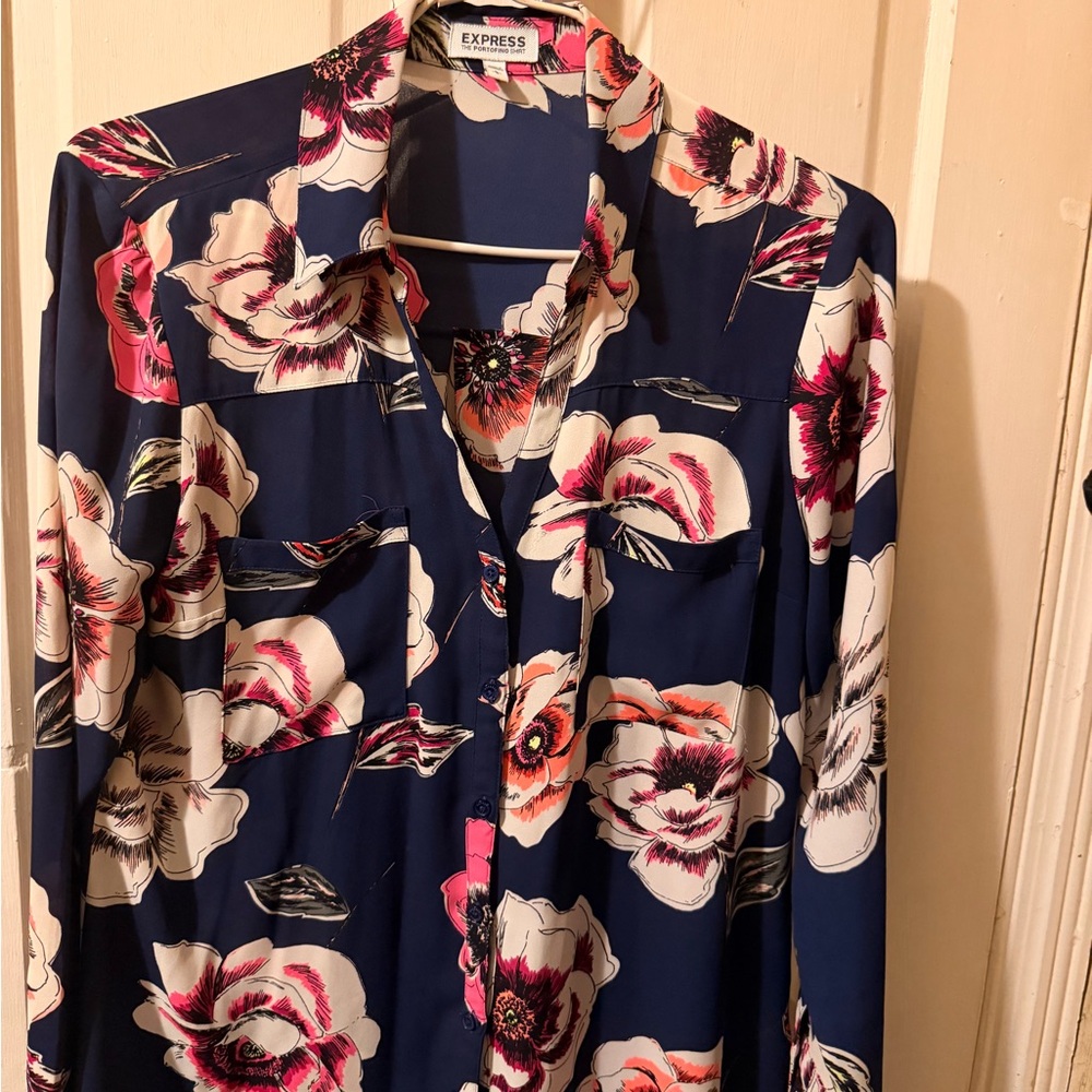 Express Navy and Pink Floral Shirt